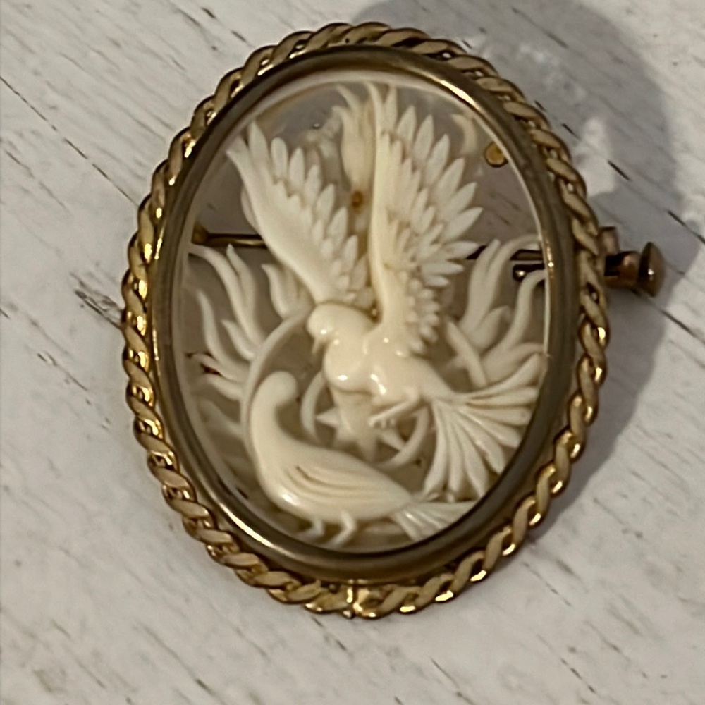 Antique carved Celluloid Depose France dove trombone clasp brooch